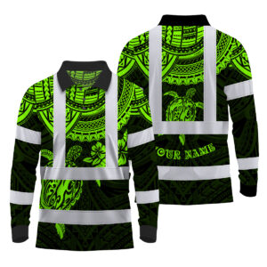 Hi Vis Polo Long Sleeve Reflective Tapes Green Turtle Flower Hawaiian Polynesian Tribal Custom Name Safety Workwear For Workers, Truckers, Operators