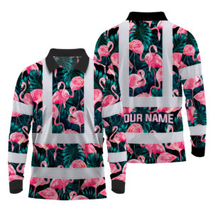 Hi Vis Polo Long Sleeve Reflective Tapes Hawaii Flamingo Custom Name Safety Workwear For Workers, Truckers, Operators
