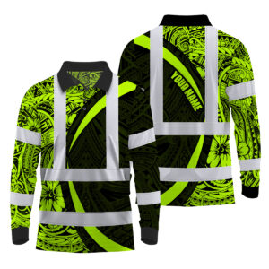 Hi Vis Polo Long Sleeve Reflective Tapes Hawaiian Polynesian Tribal Custom Name Safety Workwear For Workers, Truckers, Operators