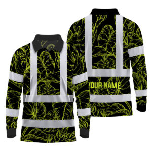 Hi Vis Polo Long Sleeve Reflective Tapes Lime Neon Flowers Custom Name Safety Workwear For Workers, Truckers, Operators