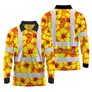 Hi Vis Polo Long Sleeve Reflective Tapes Orange Neon And Yellow Flowers Custom Name Safety Workwear For Workers, Truckers, Operators