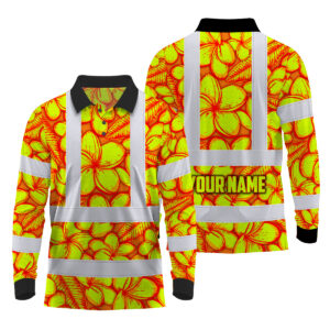 Hi Vis Polo Long Sleeve Reflective Tapes Orange Neon Lime Plumeria Custom Name Safety Workwear For Workers, Truckers, Operators