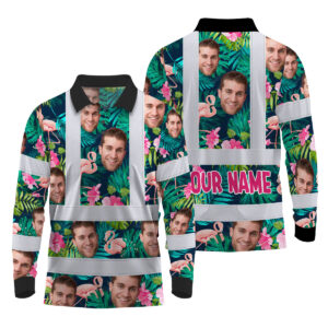 Hi Vis Polo Long Sleeve Reflective Tapes Pink And Green 2 Custom Name And Photo Safety Workwear For Workers, Truckers, Operators