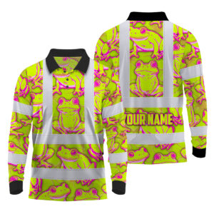 Hi Vis Polo Long Sleeve Reflective Tapes Pink And Lime Neon Frog Custom Name Safety Workwear For Workers, Truckers, Operators