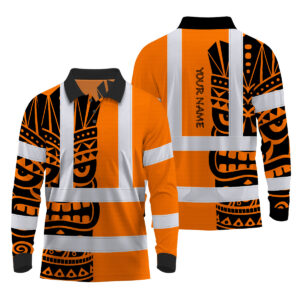 Hi Vis Polo Long Sleeve Reflective Tapes TiKi Hawaiian Orange Neon Polynesian Tribal Custom Name Safety Workwear For Workers, Truckers, Operators