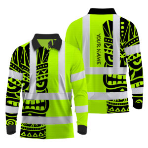 Hi Vis Polo Long Sleeve Reflective Tapes TiKi Hawaiian Polynesian Tribal Custom Name Safety Workwear For Workers, Truckers, Operators