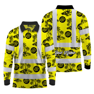Hi Vis Polo Long Sleeve Reflective Tapes Yellow Neon And Black Flowers Custom Name And Logo Safety Workwear For Workers, Truckers, Operators, Company