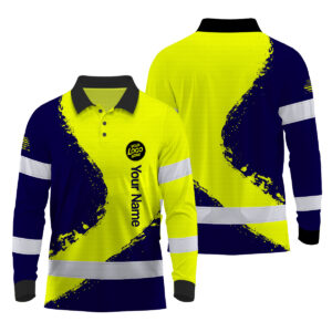 Hi Vis Polo Long Sleeve Reflective Tapes Yellow Neon And Black Uniform US Flag Custom Name And Logo Safety Workwear For Team, Group, Company