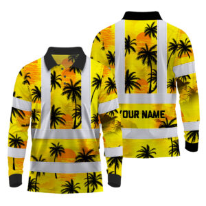 Hi Vis Polo Long Sleeve Reflective Tapes Yellow Neon Flowers Custom Name Safety Workwear For Workers, Truckers, Operators
