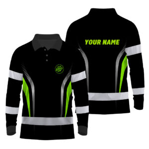 Hi Vis Polo Long Sleeve Uniform Reflective Black Green Neon 2 Custom Name And Logo Safety Workwear For Company, Group, Team