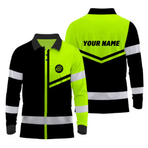 Hi Vis Polo Long Sleeve Uniform Reflective Black Green Neon Custom Name And Logo Safety Workwear For Company, Group, Team 2