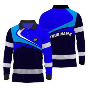 Hi Vis Polo Long Sleeve Uniform Reflective Blue Neon Custom Name And Logo Safety Workwear For Company, Group, Team