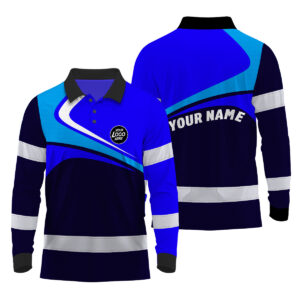 Hi Vis Polo Long Sleeve Uniform Reflective Blue Neon Custom Name And Logo Safety Workwear For Company, Group, Team 3