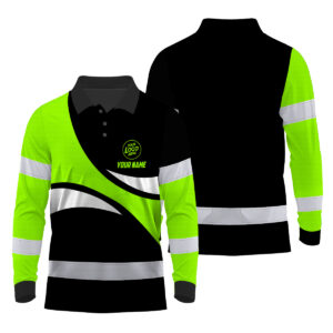 Hi Vis Polo Long Sleeve Uniform Reflective Green Wave Custom Name And Logo Safety Workwear For Company, Group, Team