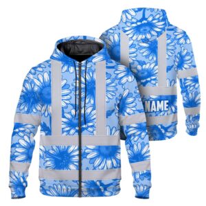 Hi Vis Zip Hoodie Reflective Tapes Blue White Daisies Custom Name Safety Workwear For Workers, Truckers, Operators