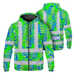 Hi Vis Zip Hoodie Reflective Tapes Green Blue Lavender Custom Name Safety Workwear For Workers, Truckers, Operators