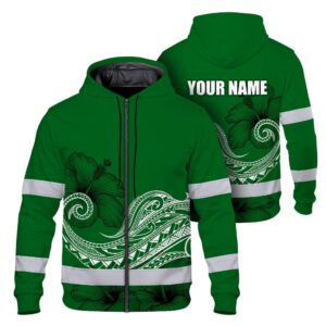 Hi Vis Zip Hoodie Reflective Tapes Green White Polynesian Custom Name Safety Workwear For Workers, Truckers, Operators