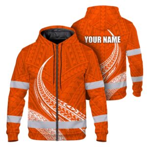 Hi Vis Zip Hoodie Reflective Tapes Orange White Polynesian Custom Name Safety Workwear For Workers, Truckers, Operators