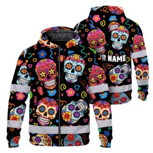 Hi Vis Zip Hoodie Reflective Tapes Sugar Skull Colorful Custom Name Safety Workwear For Workers, Truckers, Operators