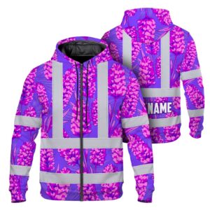 Hi Vis Zip Hoodie Reflective Tapes Violet Pink Lavender Custom Name Safety Workwear For Workers, Truckers, Operators