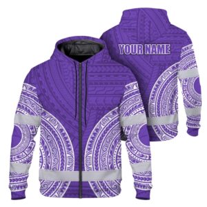 Hi Vis Zip Hoodie Reflective Tapes Violet White Polynesian Custom Name Safety Workwear For Workers, Truckers, Operators