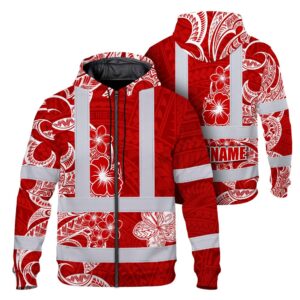 Hi Vis Zip Hoodie Reflective Tapes White Red Neon Polynesian Tribal Custom Name Safety Workwear For Workers, Truckers, Operators