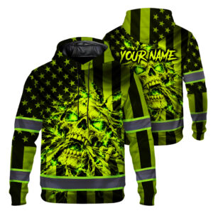 Custom Name Hi Vis Hoodie With Reflective Tapes For Men, 3D Skull Breaking Through Torn American Flag Neon High Visibility Safety Workwear Pullover Sweatshirt For Construction Workers, Bikers