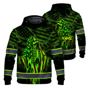 Custom Name Hi Vis Hoodie With Reflective Tapes For Men, Neon Grim Reaper Skeleton Crescent Moon Gothic High Visibility Safety Workwear Pullover Sweatshirt For Construction Workers, Bikers