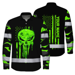 Hi Vis FR Fire Resistant Button Long Sleeves, Black Skull Flag Reflective Custom Name Safety Workwear For Workers, Truckers, Operators