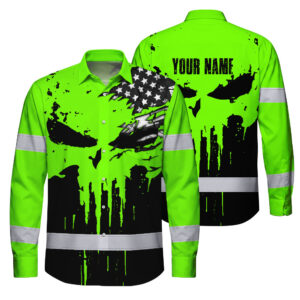 Hi Vis FR Fire Resistant Button Long Sleeves, Green Scratch Skull Reflective Custom Name Safety Workwear For Workers, Truckers, Operators