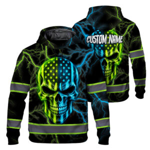 Hi Vis Hoodie Reflective Tapes Blue Lime Neon Skull US Flag Custom Name Safety Workwear For Workers, Runners, Cyclists, Patriotic