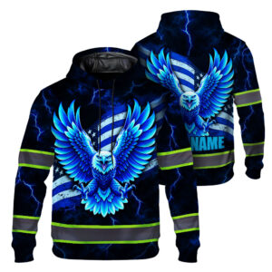 Hi Vis Hoodie Reflective Tapes Blue Neon Eagle Custom Name Safety Workwear For Workers, Runners, Cyclists, Patriotic