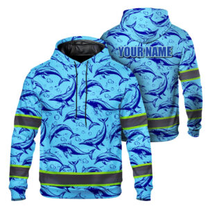 Hi Vis Hoodie Reflective Tapes Blue Neon Spinner Dolphin Custom Name Safety Workwear For Workers, Runners, Cyclists, Patriotic