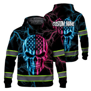Hi Vis Hoodie Reflective Tapes Blue Pink Neon Skull US Flag Custom Name Safety Workwear For Workers, Runners, Cyclists, Patriotic
