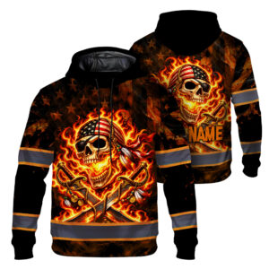 Hi Vis Hoodie Reflective Tapes Custom Name, Glowing Fire Viking Skull Crossed Rune Swords High Visibility Safety Workwear Pullover Sweatshirt For Men, Workers