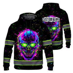 Hi Vis Hoodie Reflective Tapes Custom Name, Neon Cyberpunk Skull High Visibility Safety Workwear Pullover Sweatshirt For Men, Workers