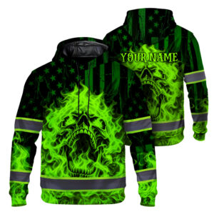 Hi Vis Hoodie Reflective Tapes Custom Name, Neon Green Fire Flames Burning Skull High Visibility Safety Workwear Pullover Sweatshirt For Men, Workers