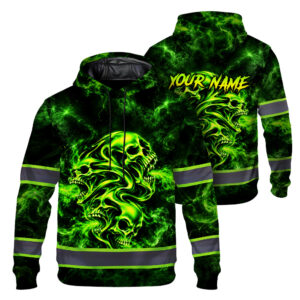 Hi Vis Hoodie Reflective Tapes Custom Name, Neon Green Melting Skulls Psychedelic High Visibility Safety Workwear Pullover Sweatshirt For Men, Workers, Bikers