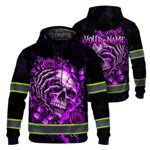 Hi Vis Hoodie Reflective Tapes Custom Name, Neon Purple Gothic Cross Butterfly Skull Rose High Visibility Safety Workwear Pullover Sweatshirt For Men, Women, Workers, Bikers