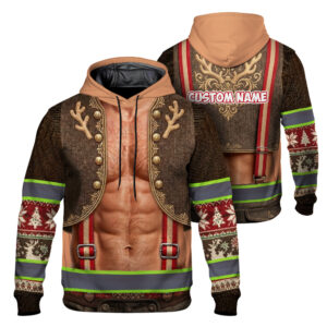 Hi Vis Hoodie Reflective Tapes Funny Christmas Chest Hair Reindeer Custom Name Safety Workwear For Workers, Runners, Cyclists, Patriotic