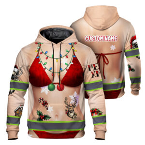 Hi Vis Hoodie Reflective Tapes Funny Christmas Red Chest Hair 2 Custom Name Safety Workwear For Workers, Runners, Cyclists, Patriotic