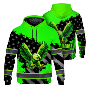 Hi Vis Hoodie Reflective Tapes Green Neon Eagle Fly Custom Name Safety Workwear For Workers, Runners, Cyclists, Patriotic