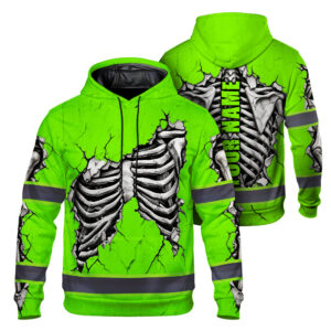 Hi Vis Hoodie Reflective Tapes Green Neon Skull 3 Custom Name Safety Workwear For Workers, Runners, Cyclists, Patriotic