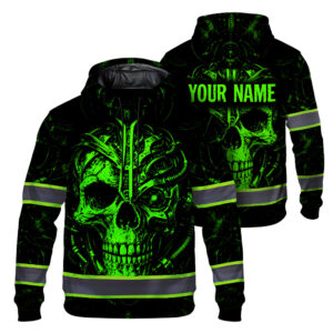 Hi Vis Hoodie Reflective Tapes Green Neon Skull Custom Name Safety Workwear For Workers, Runners, Cyclists, Patriotic