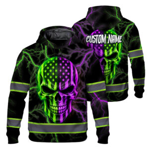 Hi Vis Hoodie Reflective Tapes Green Violet Neon Skull US Flag Custom Name Safety Workwear For Workers, Runners, Cyclists, Patriotic