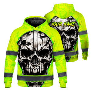 Hi Vis Hoodie Reflective Tapes Lime Black Neon Skull Custom Name Safety Workwear For Workers, Runners, Cyclists, Patriotic