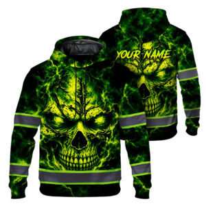 Hi Vis Hoodie Reflective Tapes Lime Neon Skull 2 Custom Name Safety Workwear For Workers, Runners, Cyclists, Patriotic