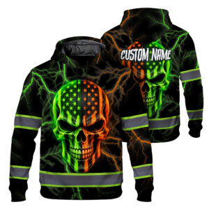Hi Vis Hoodie Reflective Tapes Lime Orange Neon Skull US Flag Custom Name Safety Workwear For Workers, Runners, Cyclists, Patriotic