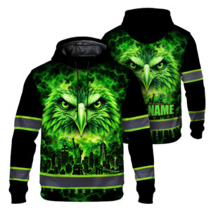 Hi Vis Hoodie Reflective Tapes Orange Green Neon Eagle 3 Custom Name Safety Workwear For Workers, Runners, Cyclists, Patriotic