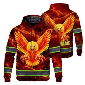Hi Vis Hoodie Reflective Tapes Orange Neon Eagle Fire Custom Name Safety Workwear For Workers, Runners, Cyclists, Patriotic